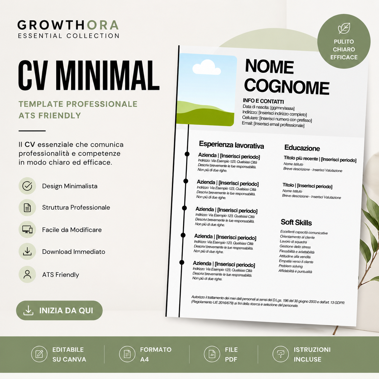 💼 Growthora CV Minimal – Template Essenziale Professionale ATS Friendly