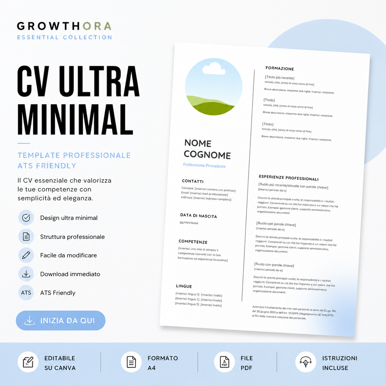 💼 Growthora CV Ultra Minimal – Template Essenziale Professionale ATS Friendly